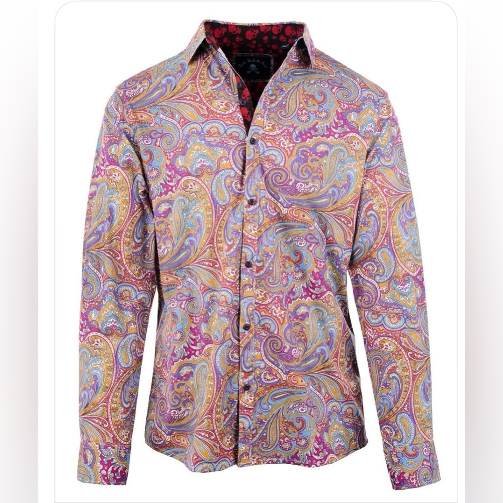Vibrant Paisley Button Down Shirt with contrasting print at collar and cuffs.